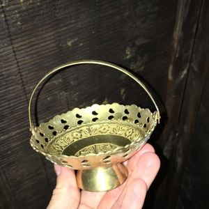 Brass  Bowl Basket W Handle  Made In India vintage